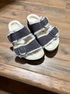 Birkenstock Gray Faux-Shearling Double Buckle Slide Sandals